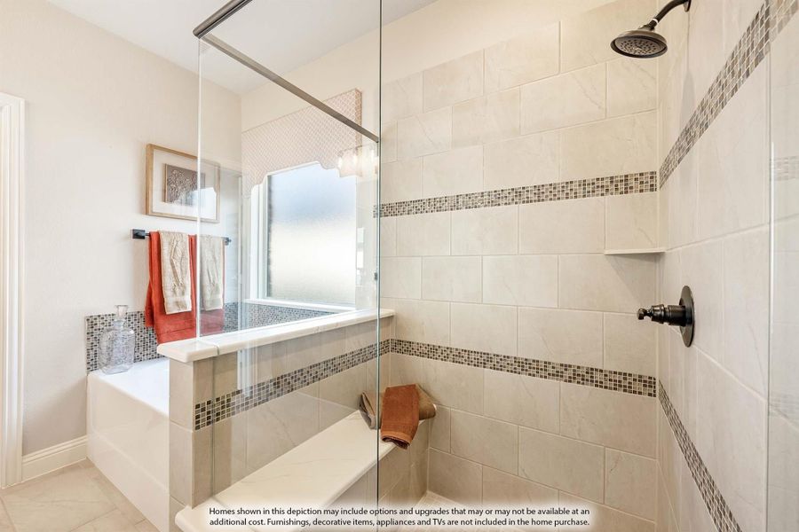 Walk-in shower with glass enclosure, tile walls, mosaic accent strip, built-in bench, and rain showerhead Walk-in shower with glass enclosure, tile walls, mosaic accent strip, built-in bench, and rain showerhead