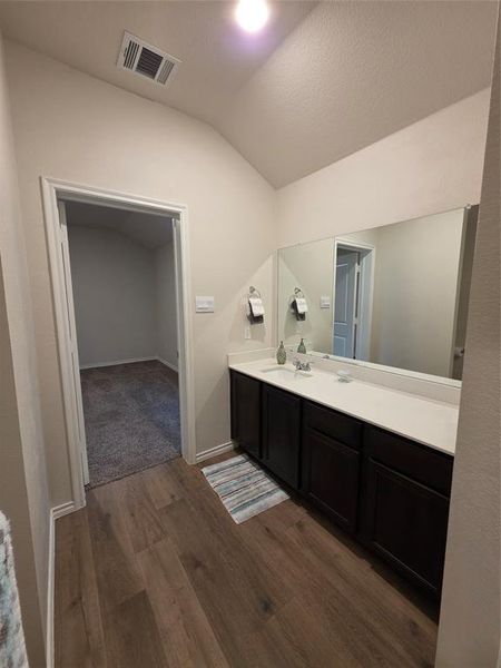 Bathroom with lofted ceiling, vanity, dark wood finished floors, and a textured ceiling Bathroom with lofted ceiling, vanity, dark wood finished floors, and a textured ceiling