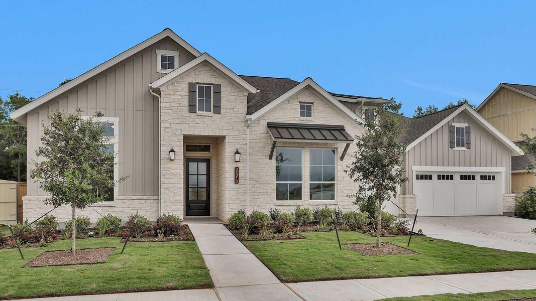 Front exterior of a new home in Fulshear Lakes 80', Fulshear, TX, highlighting curb appeal (Image 13).