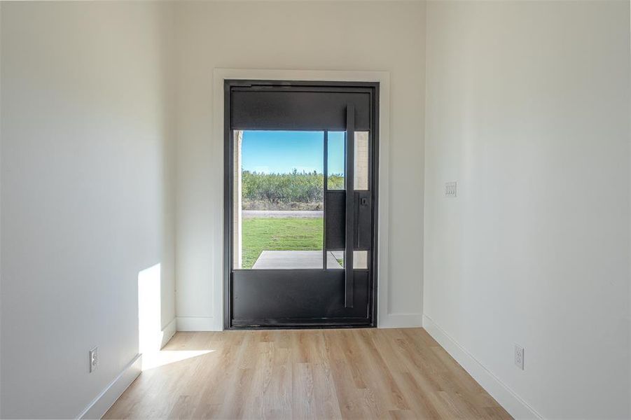 Doorway to outside with light hardwood / wood-style floors