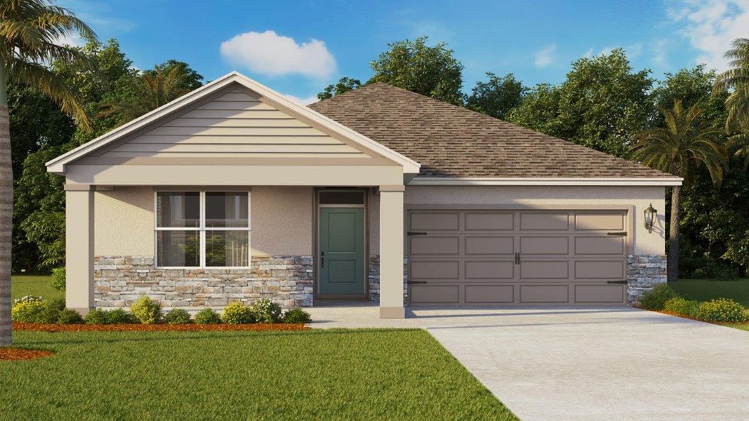 Front exterior of a new home in Summerlin at Hawthorne Ranch, Lakeland, FL, highlighting curb appeal (Image 1).