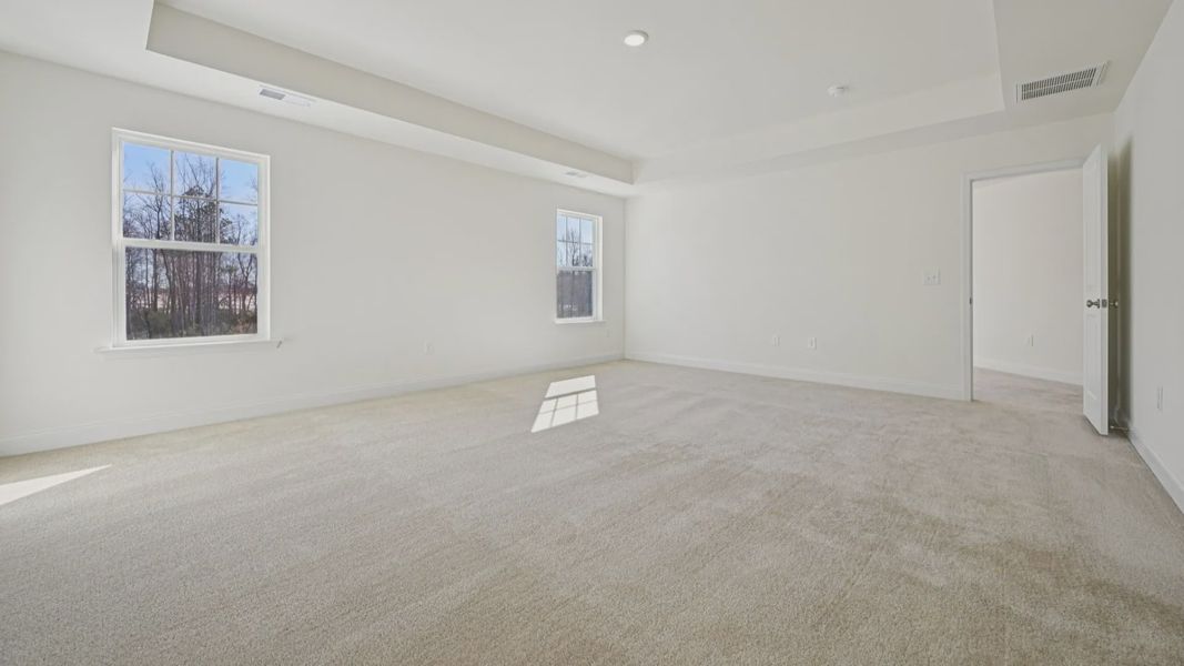 Wagener home plan spacious primary bedroom/suite with tray ceiling, natural light, walk-in closet and en suite bathroom