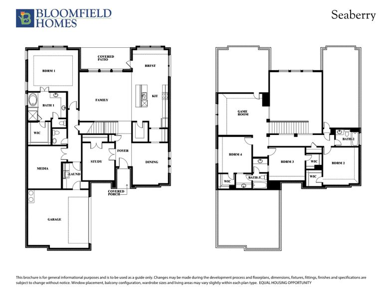 Bloomfield Homes Seaberry two-story floor plan with four bedrooms, game room, media room, and covered patio.