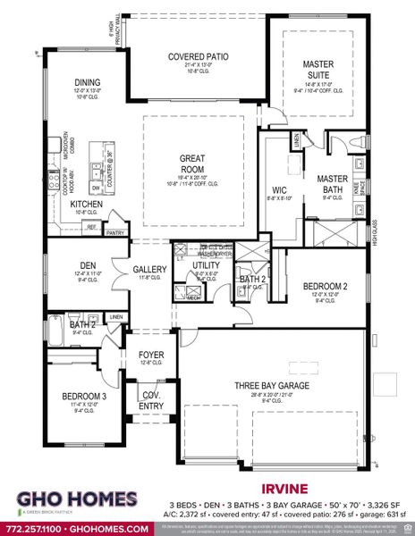2D floor plan layout for the Irvine by GHO Homes in Ravens Landing, Vero Beach, FL (Image 3).