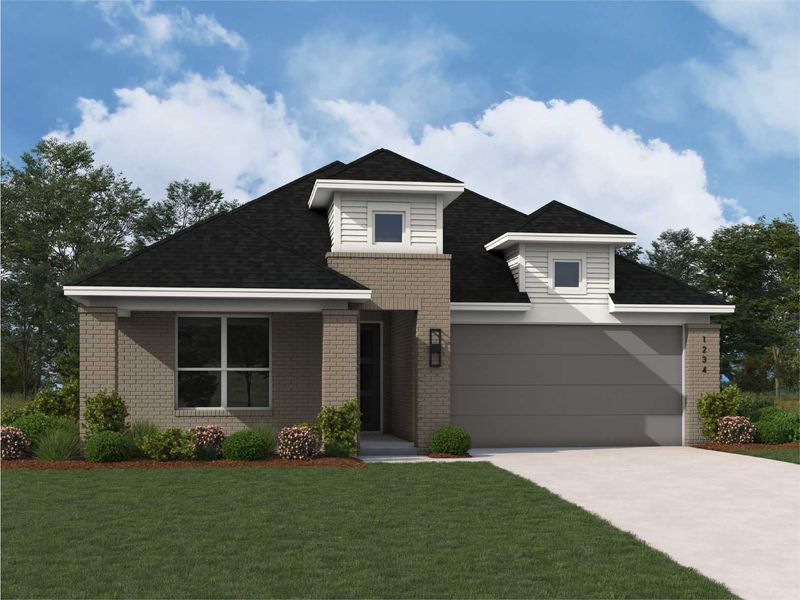 Representative exterior photo of a completed home built from the Monet Plan by Highland Homes in Riceland: 50ft. lots, Mont Belvieu, TX (Image 2).