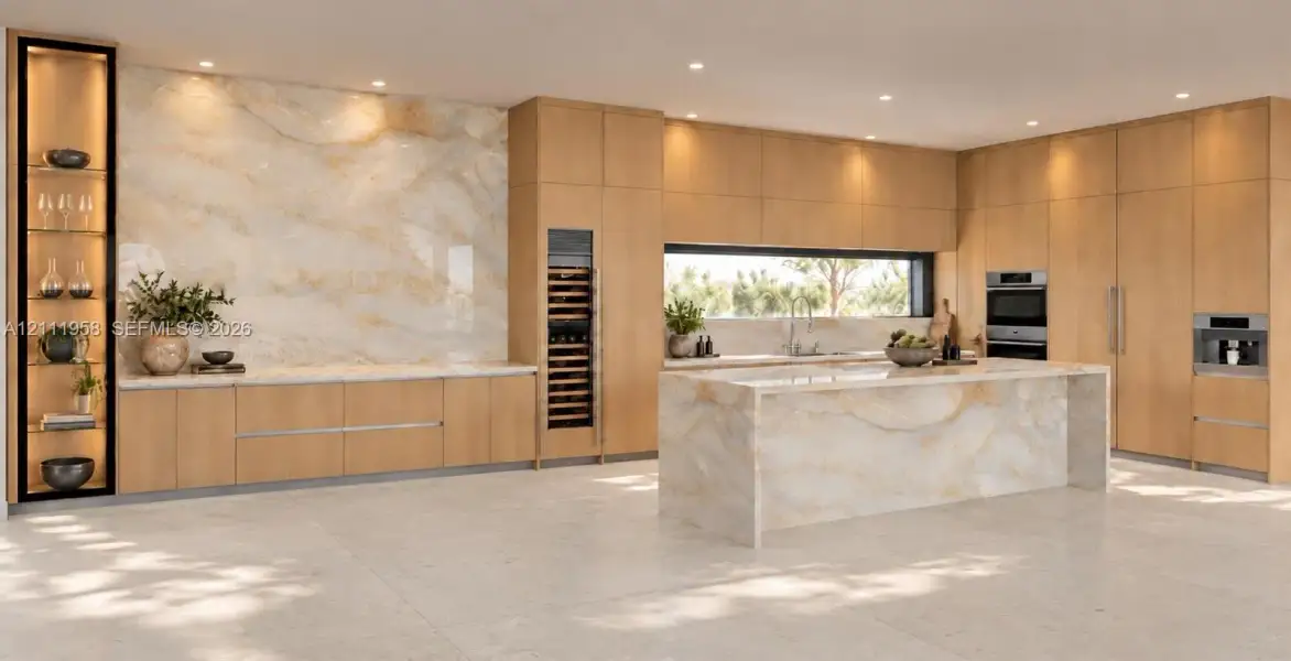 Modern kitchen featuring light wood-finish cabinetry, a large waterfall-edge island, a full-height stone backsplash, integrated wine storage, and built-in stainless steel appliances