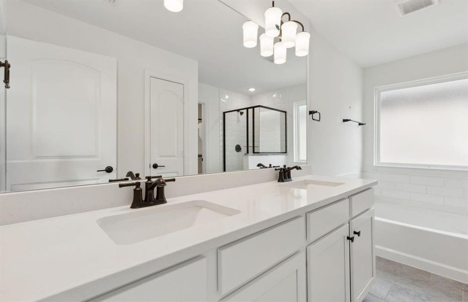 Elegant owner's suite with dual vanity and oversized shower*real home pictured