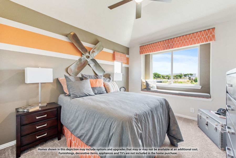 Bedroom with orange striped accent wall, window seat, and vaulted ceiling with ceiling fan Bedroom with orange striped accent wall, window seat, and vaulted ceiling with ceiling fan