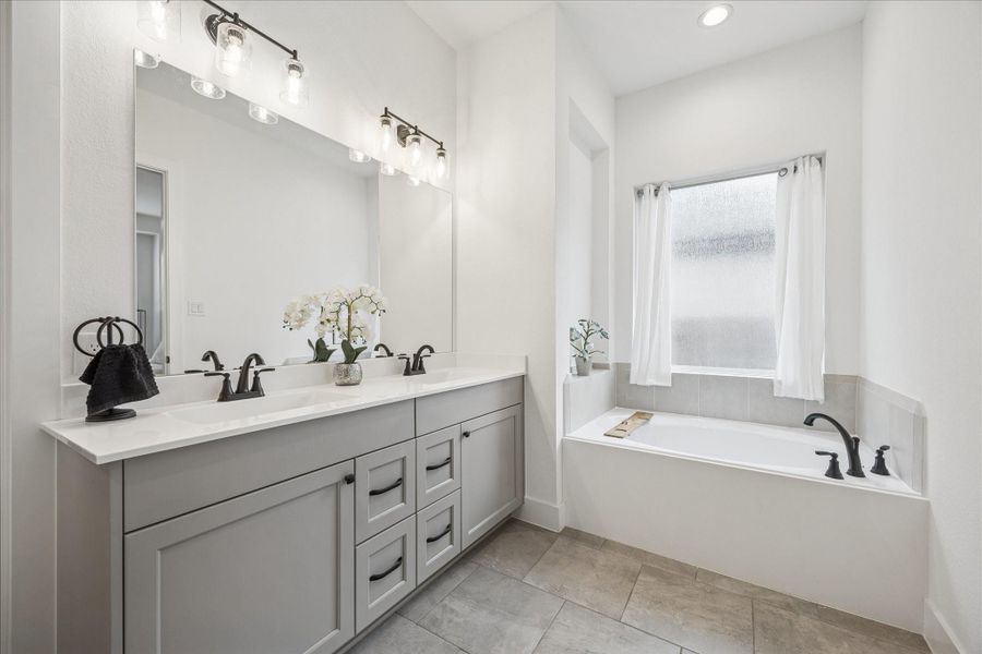 Primary bath with double sinks, soaker tub and stand alone shower