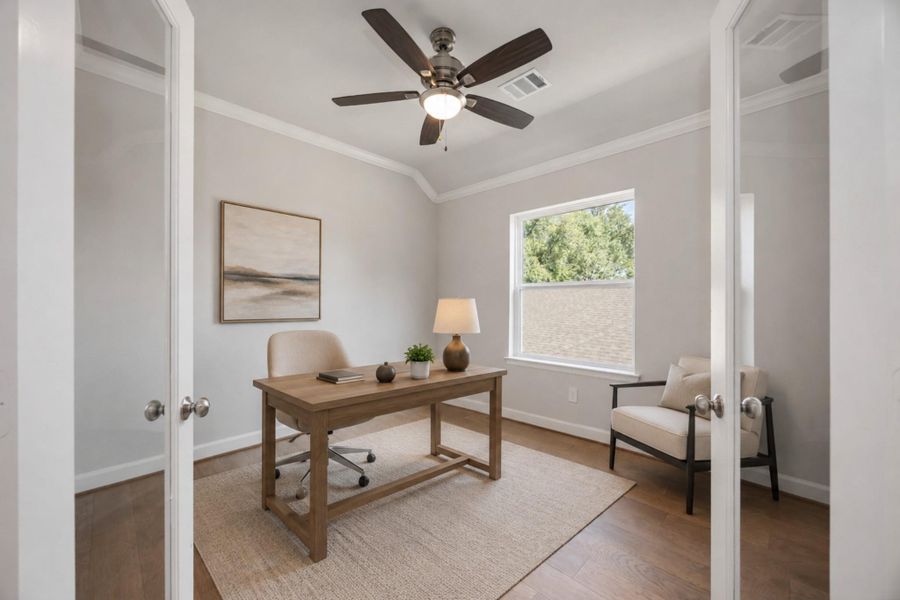 Functional Luxury: The study, an optimal blend of size and elegance, creates a productive yet serene home office atmosphere. Functional Luxury: The study, an optimal blend of size and elegance, creates a productive yet serene home office atmosphere.