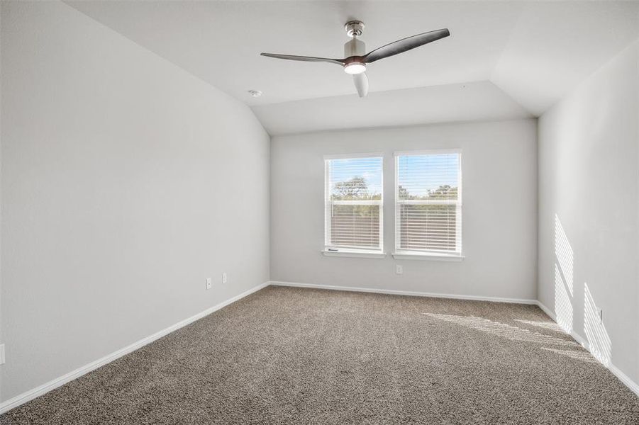 Empty room featuring lofted ceiling, ceiling fan, and carpet flooring