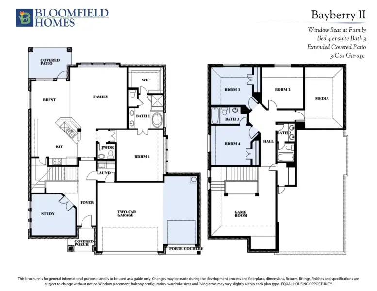 Bloomfield Homes Bayberry II two-story floor plan with four bedrooms, game room, study, and three-car garage.