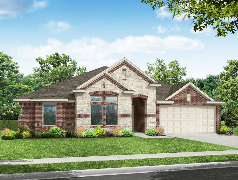 Representative exterior photo of a completed home built from the Dover by Impression Homes in Mountain Valley Lake, Burleson, TX (Image 10). Representative exterior photo of a completed home built from the Dover by Impression Homes in Mountain Valley Lake, Burleson, TX (Image 10).