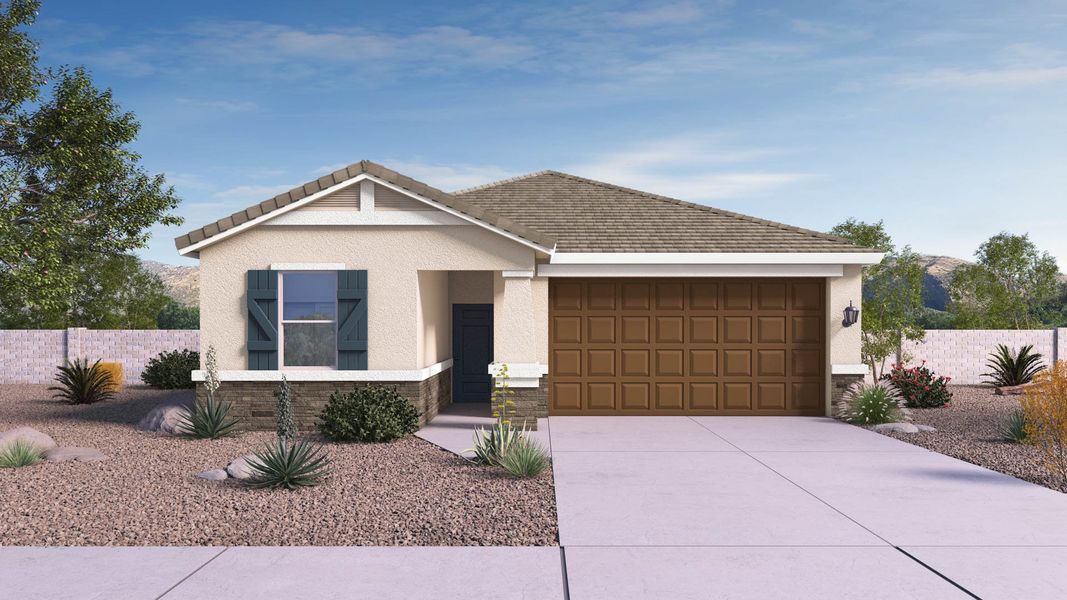 Front exterior of a new home in The Ridge at Stone Butte, Phoenix, AZ, highlighting curb appeal (Image 1). Front exterior of a new home in The Ridge at Stone Butte, Phoenix, AZ, highlighting curb appeal (Image 1).