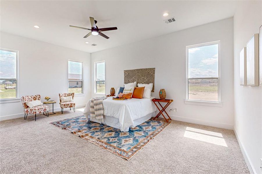 Carpeted bedroom with ceiling fan