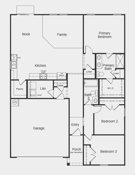 2D floor plan layout for the Plan 1582 Modeled by KB Home in Freeman Farms, Youngsville, NC (Image 4).