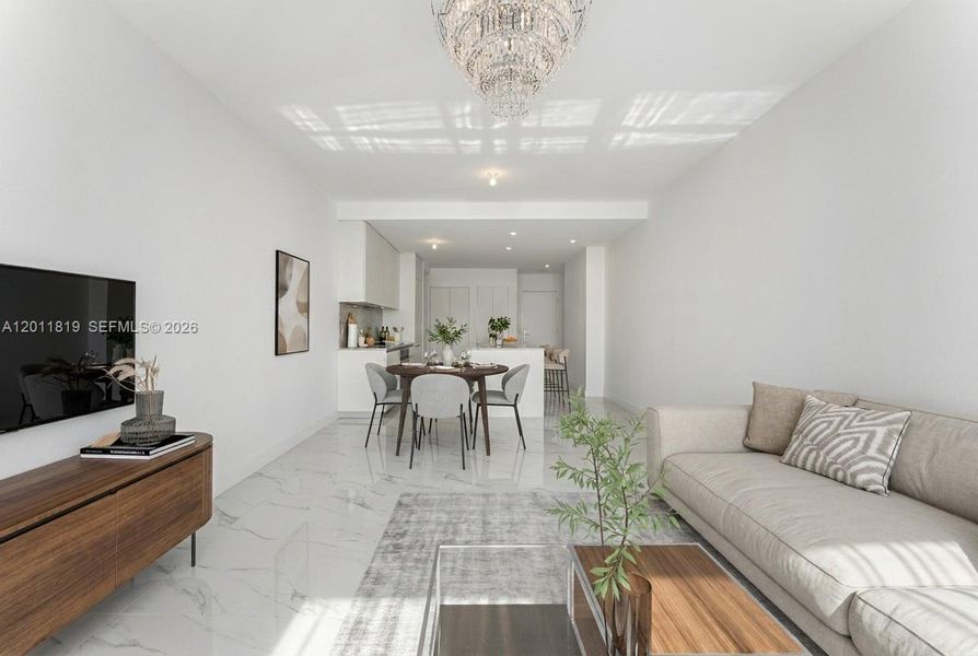 Spacious, sun-filled open-concept living area featuring floor-to-ceiling impact glass, high ceilings, and seamless flow to a deep waterfront balcony. Image is virtuallt staged.