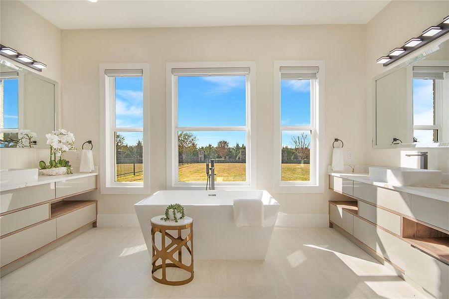 Bathroom featuring vanity, a freestanding bath, and healthy amount of natural light Bathroom featuring vanity, a freestanding bath, and healthy amount of natural light