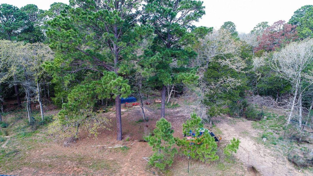 Aerial of back of home with dry creek and 5 acres