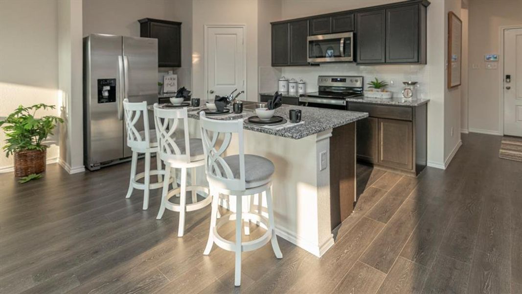 Kitchen with granite countertops, dark cabinetry, stainless steel appliances, and wood-finish flooring