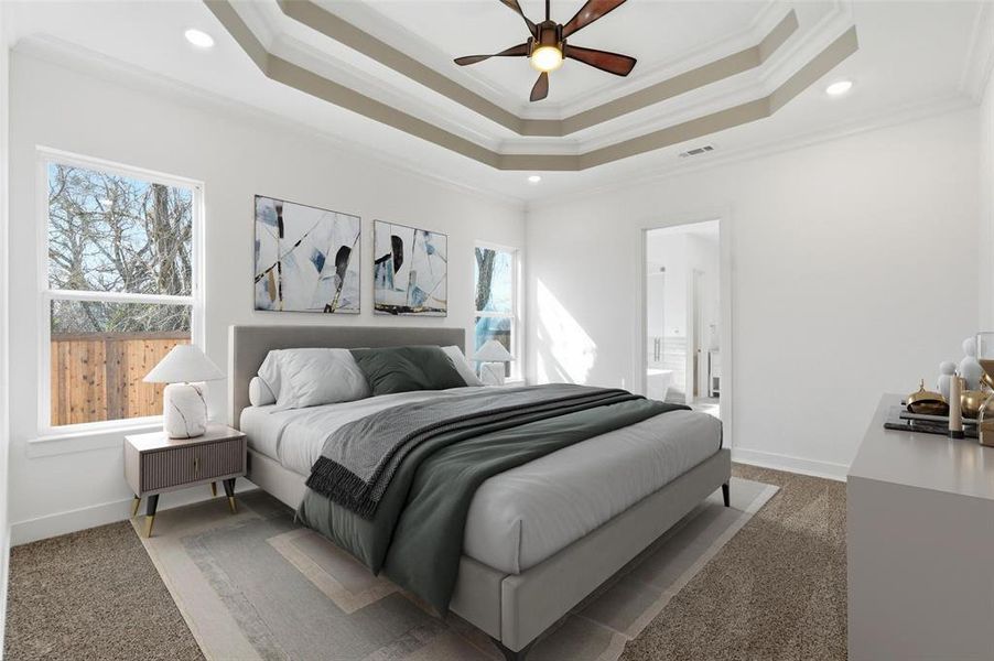 Virtually staged primary bedroom