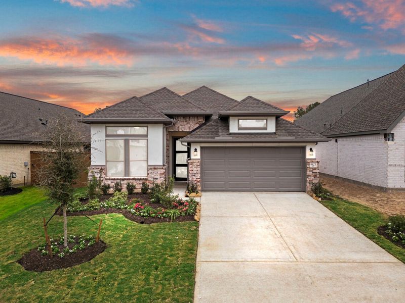 Front exterior of a new home in The Highlands, Porter, TX, highlighting curb appeal (Image 25).