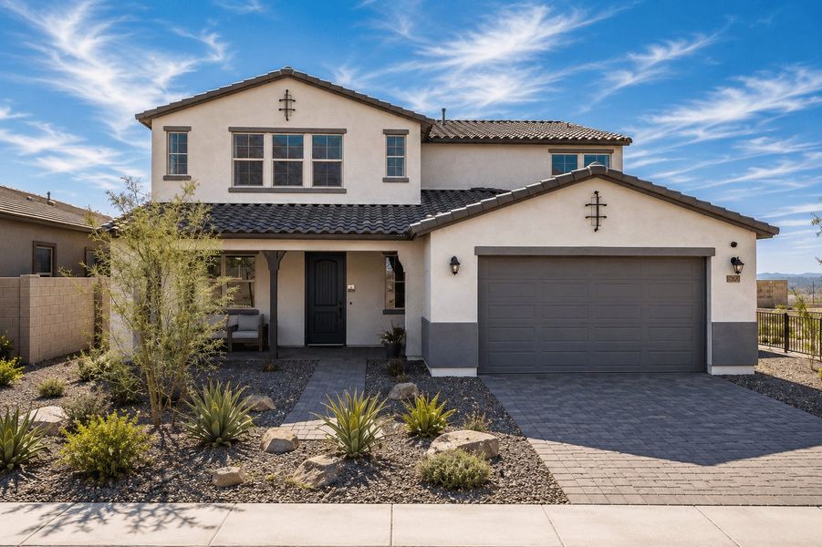 Representative exterior photo of a completed home built from the Cottonwood by William Ryan Homes in The Ridge at Sienna Hills, Buckeye, AZ (Image 26). Representative exterior photo of a completed home built from the Cottonwood by William Ryan Homes in The Ridge at Sienna Hills, Buckeye, AZ (Image 26).