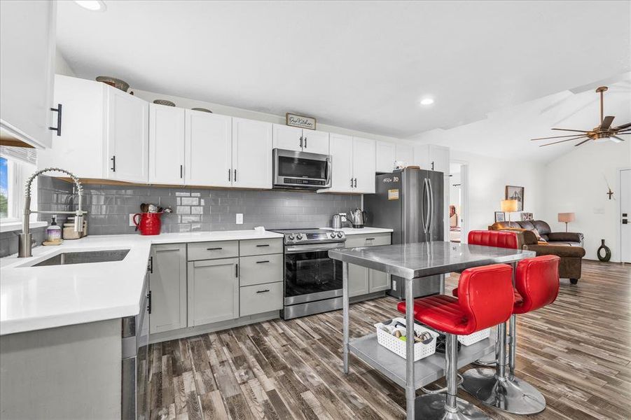 Kitchen with stainless steel appliances, a ceiling fan, lofted ceiling, dark wood-type flooring, and open floor plan