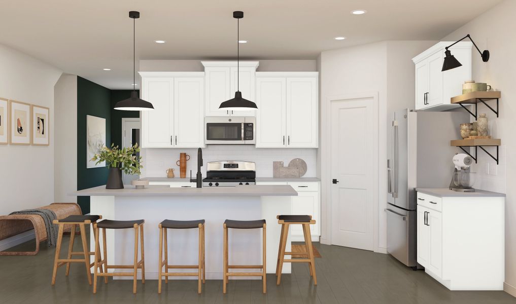 Kitchen with vast island & pendant lights