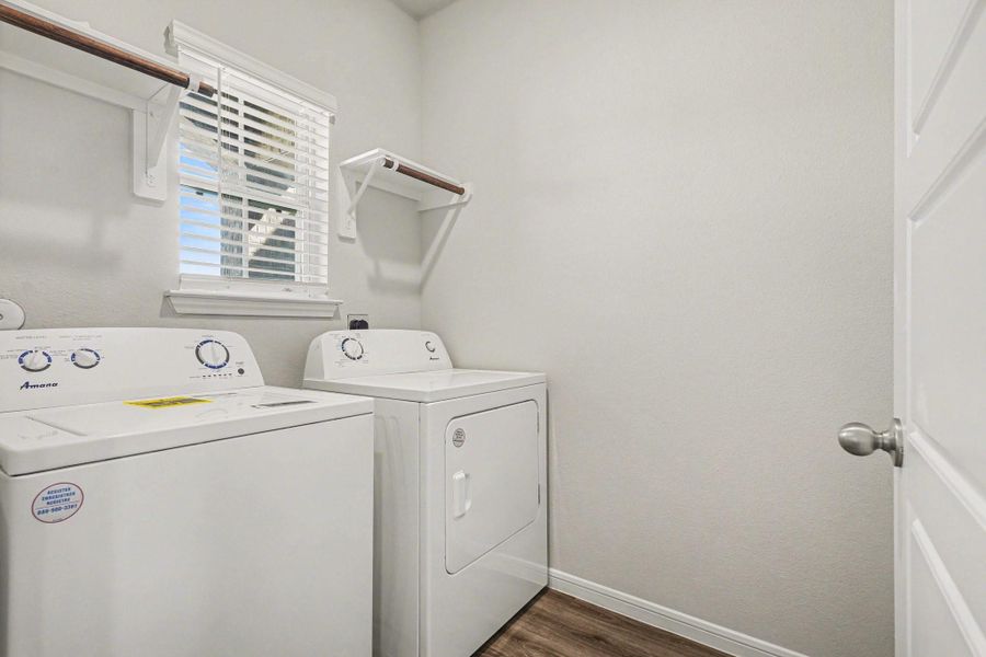 Dedicated laundry room with washer and dryer connections and overhead storageFunctional utility space with shelving and natural light Dedicated laundry room with washer and dryer connections and overhead storageFunctional utility space with shelving and natural light
