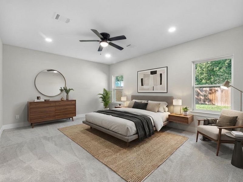 Spacious primary suite with walk-in closet. Virtually staged Spacious primary suite with walk-in closet. Virtually staged