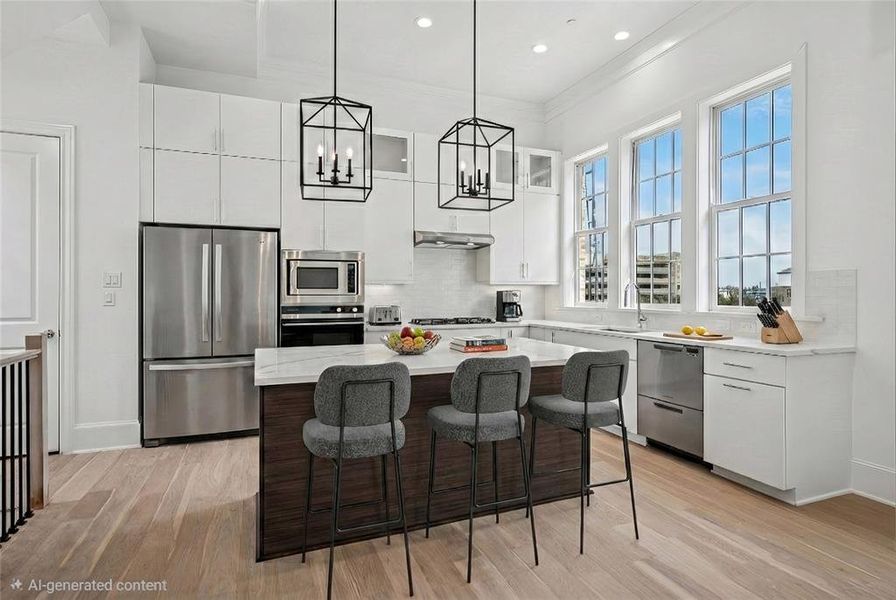 Kitchen with glass insert cabinets, stainless steel appliances, white cabinetry, a center island, and light wood-style flooring