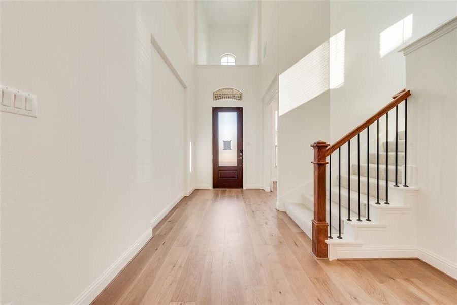 Entrance foyer featuring light hardwood / wood-style floors and a towering ceiling