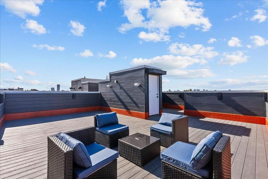 Spacious rooftop terrace with sleek modern design, featuring outdoor seating and expansive city views. Perfect for entertaining or relaxing. Spacious rooftop terrace with sleek modern design, featuring outdoor seating and expansive city views. Perfect for entertaining or relaxing.