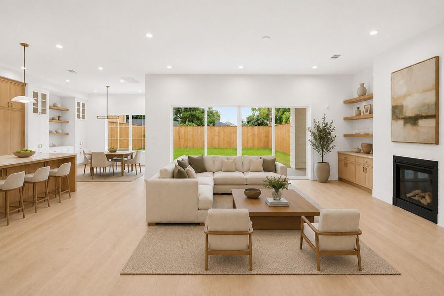 Sliding glass doors extend the living space to the backyard, creating a seamless indoor-outdoor connection.