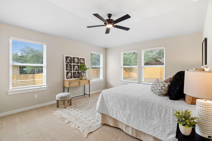 Carpeted bedroom with baseboards and ceiling fan Carpeted bedroom with baseboards and ceiling fan