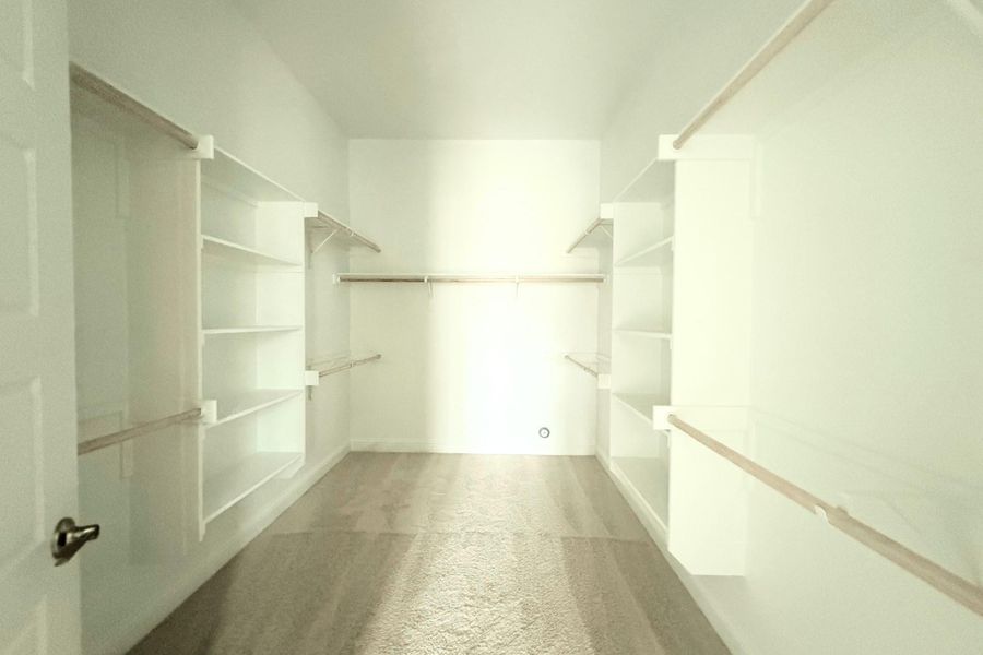 Spacious walk-in closet featuring built-in shelving, multiple hanging rods, and light-toned carpeting Spacious walk-in closet featuring built-in shelving, multiple hanging rods, and light-toned carpeting