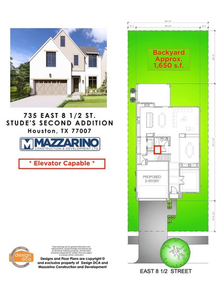 * Estimated Completion date 02/01/2027 ** Please be aware that these plans are the property of the architect/builder designer that designed them not DUX Realty, Mazzarino Construction or 735 E 8 5 LLC and are protected from reproduction and sharing under copyright law. These drawing are for general information only. Measurements, square footages and features are for illustrative marketing purposes. All information should be independently verified. Plans are subject to change without notification.