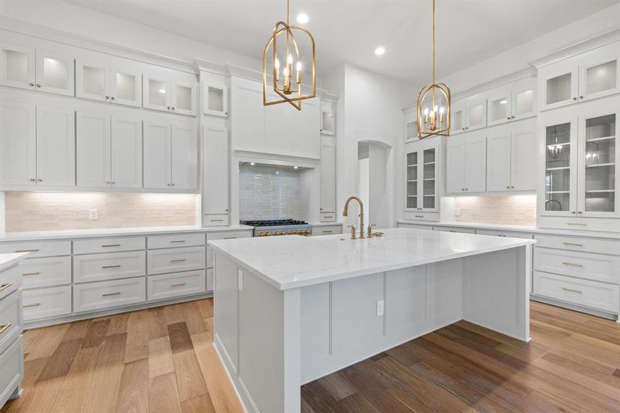 Kitchen featuring pendant lighting, an island with sink, light hardwood / wood-style floors, and tasteful backsplash