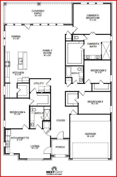 Experience modern living with this spacious one-story NextGen home. Featuring an open floor plan, it includes a main living area with a family room, dining area, and a well-equipped kitchen. The owner's suite offers privacy and luxury, complemented by additional bedrooms and baths. A separate suite with a kitchenette provides versatility for guests or multi-generational living. Enjoy outdoor relaxation on the covered patio. Perfect for families seeking comfort and convenience.