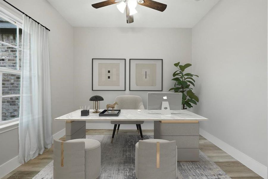 Virtually staged office with wood finished floors and a ceiling fan Virtually staged office with wood finished floors and a ceiling fan