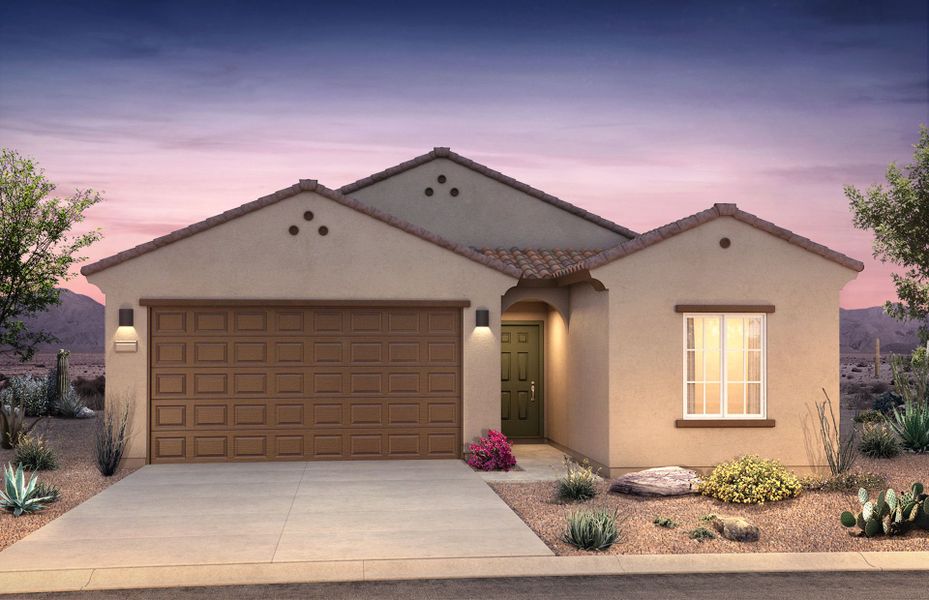 Front exterior of a new home in Entrada La Coraza at Rancho Sahuarita, Sahuarita, AZ, highlighting curb appeal (Image 2).