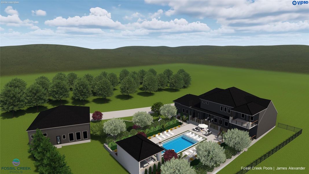 Expansive property featuring a large main residence, a separate auxiliary building, and a dedicated pool house