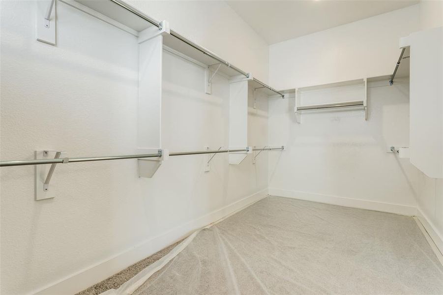 Walk in closet with light colored carpet