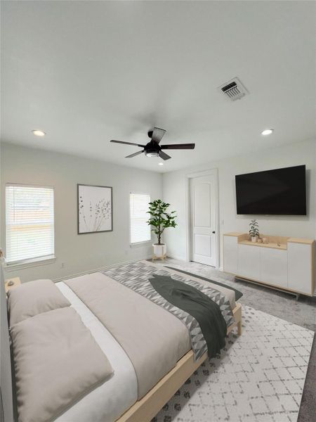 Carpeted bedroom with recessed lighting, visible vents, and a ceiling fan Carpeted bedroom with recessed lighting, visible vents, and a ceiling fan