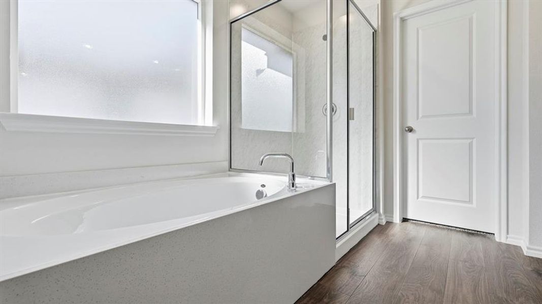 Bathroom with a garden tub, a shower stall, and dark wood-style flooring Bathroom with a garden tub, a shower stall, and dark wood-style flooring