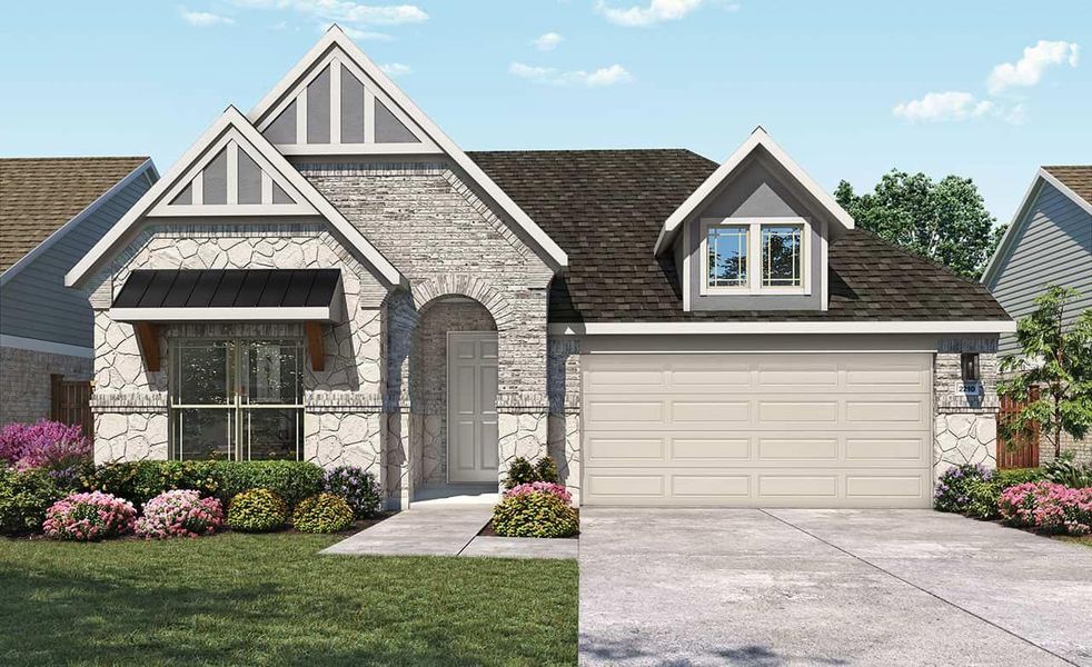 View of front of property featuring driveway, roof with shingles, a front lawn, a garage, and stone siding