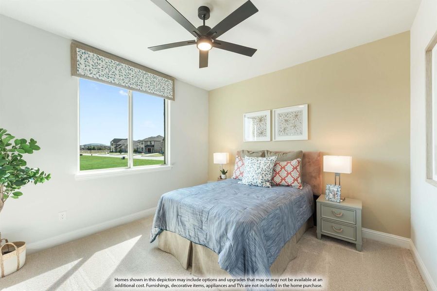 Bedroom with queen bed, ceiling fan, carpet flooring, and large window with neighborhood view Bedroom with queen bed, ceiling fan, carpet flooring, and large window with neighborhood view
