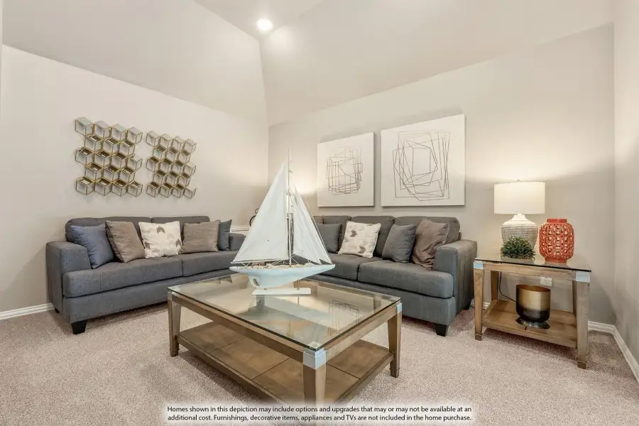 Living room with two gray sofas, glass coffee table, vaulted ceiling, and decorative wall art on beige carpet Living room with two gray sofas, glass coffee table, vaulted ceiling, and decorative wall art on beige carpet