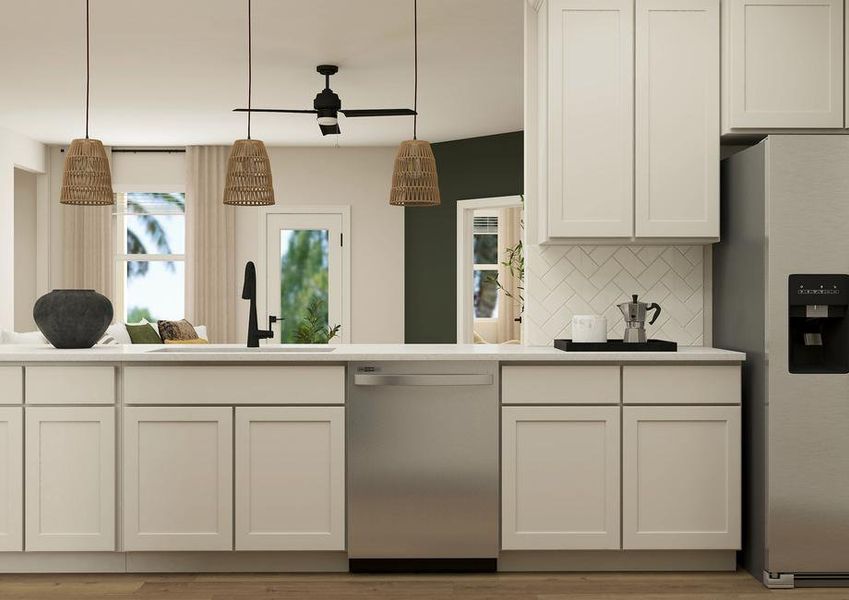 Rendering of the beautiful kitchen in the
  Houghton floor plan. The room has white cabinets, stainless steel appliances
  and tile backsplash.